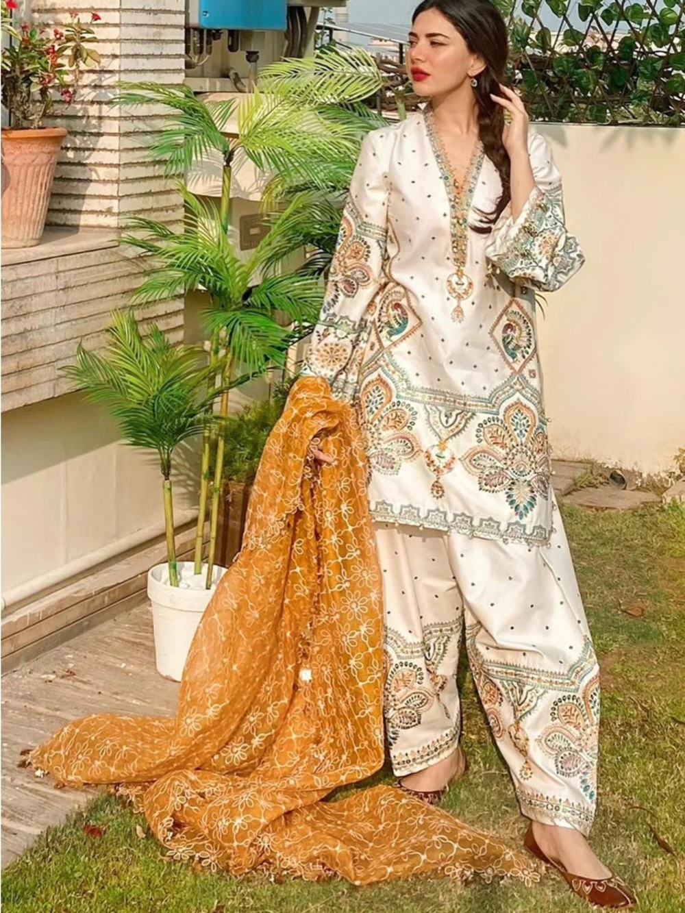 Cream Embroidered Maxi Dress with Mustard Dupatta
